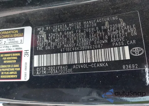 2009 Toyota Camry z USA, uszkodzony, nr VIN 4T1BE46K39U862687